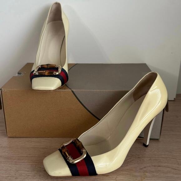 Gucci Patent Leather Bamboo Gold Buckle Women Heels- SZ 8.5 - Picture 1 of 16